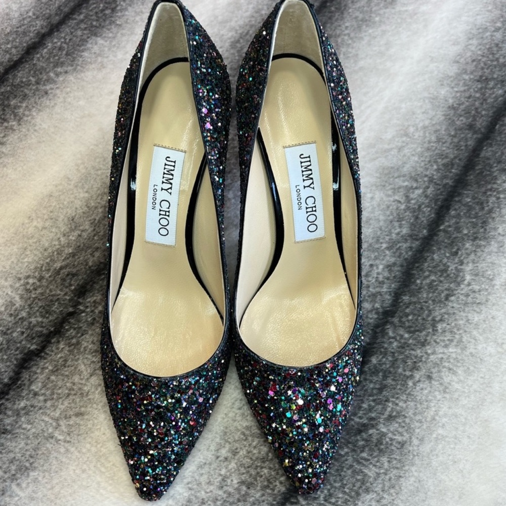 Jimmy Choo Romy 85 Boho Multi Glitter Mix Rainbow Black Heels Pumps